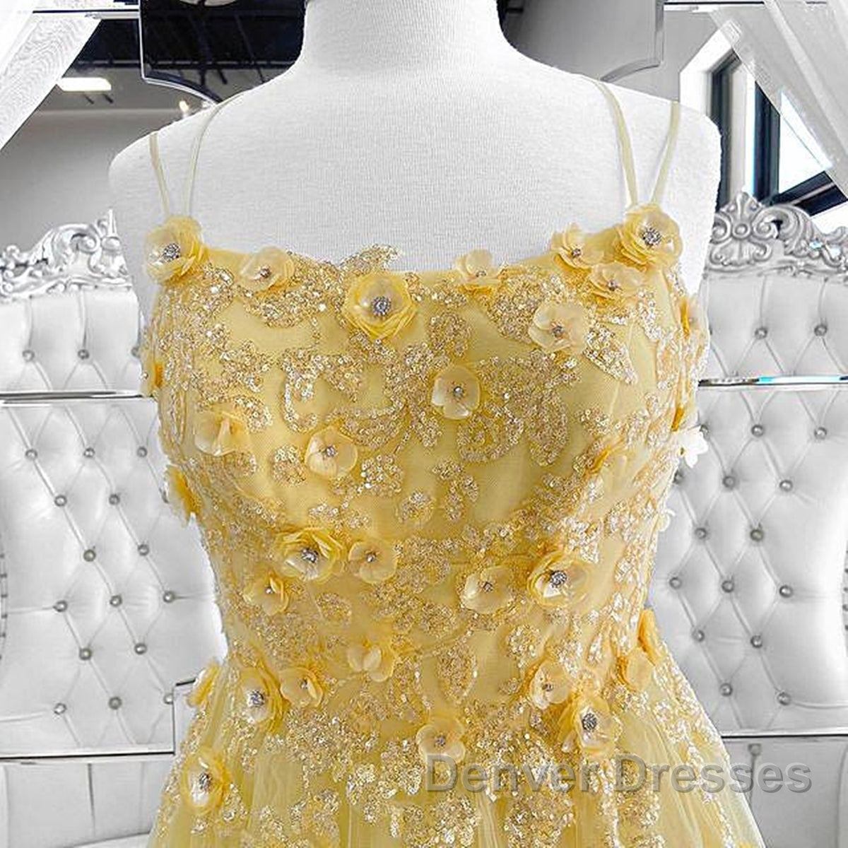 Shiny Yellow Lace Floral Prom Dress, Shiny Yellow Lace Floral Formal Evening Dress