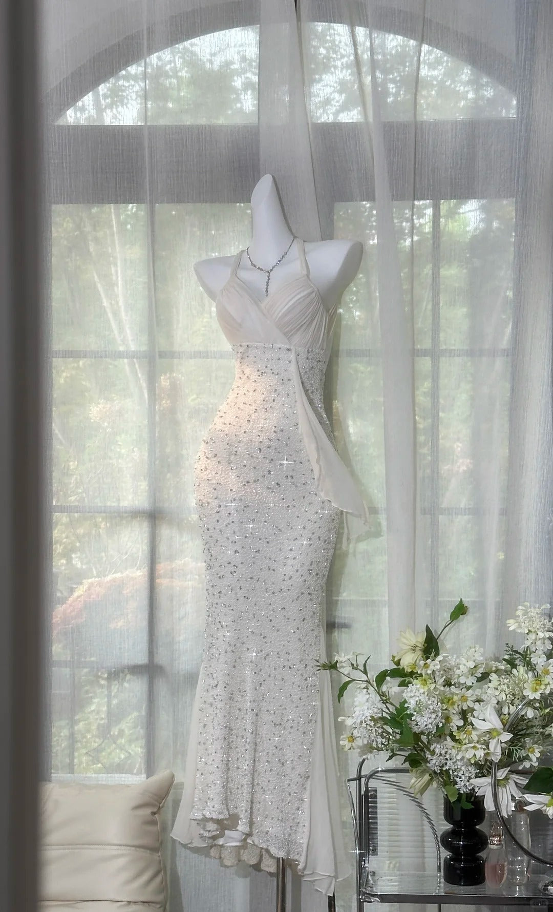 Shinying White Mermaid Strapless Lace-Up Back Sequin Chiffon Long Prom Dress Evening Dress Secondary image