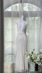 Shinying White Mermaid Strapless Lace-Up Back Sequin Chiffon Long Prom Dress Evening Dress