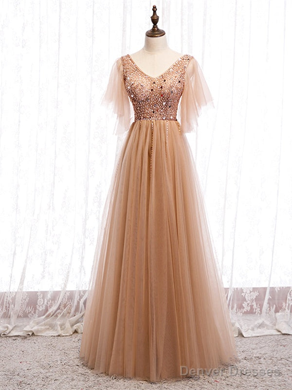 Shop Cheap Short Sleeves Beading V Neck Champagne Floor Length Prom Dress Main image