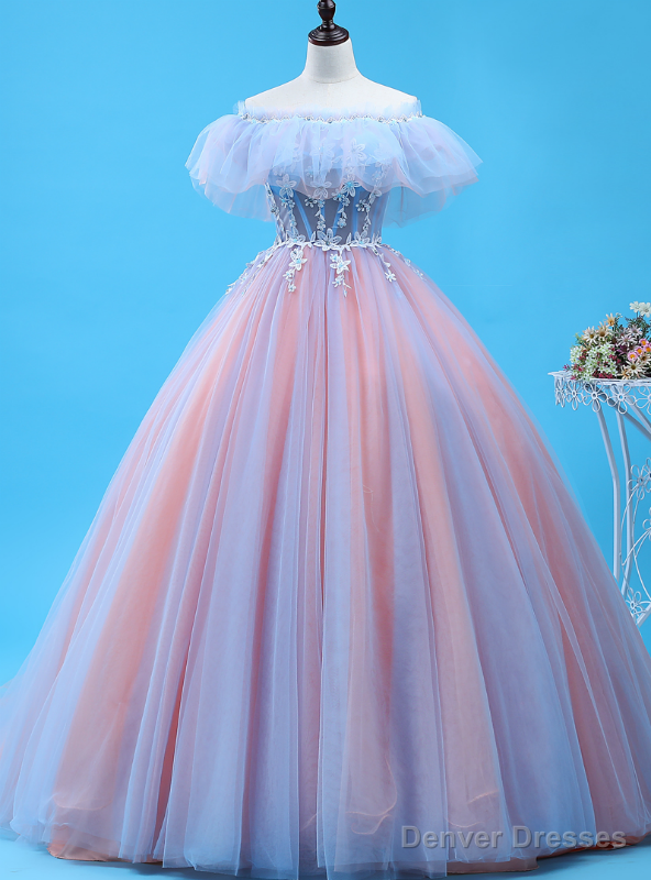 Shop Long Pink And Blue Ball Gown Tulle Off the Shoulder Quinceanera Dress Main image
