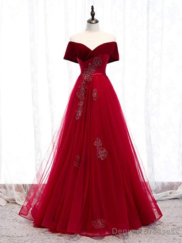 Shop Off The Shoulder Burgundy Tulle Velvet Appliques Long Prom Dress Under 129 Main image