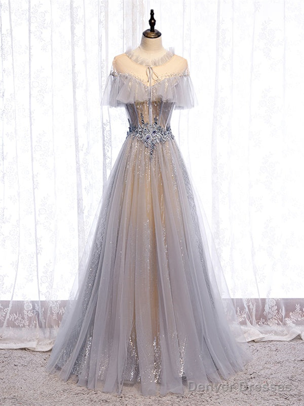 Shop See Through Gray Tulle Sparkle Appliques A Line Prom Dress Under 138 Main image