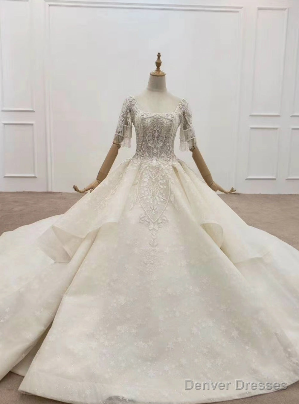 Shop Sexy Champagne Ball Gown Tulle Sequins Square Short Sleeve Beading Wedding Dress