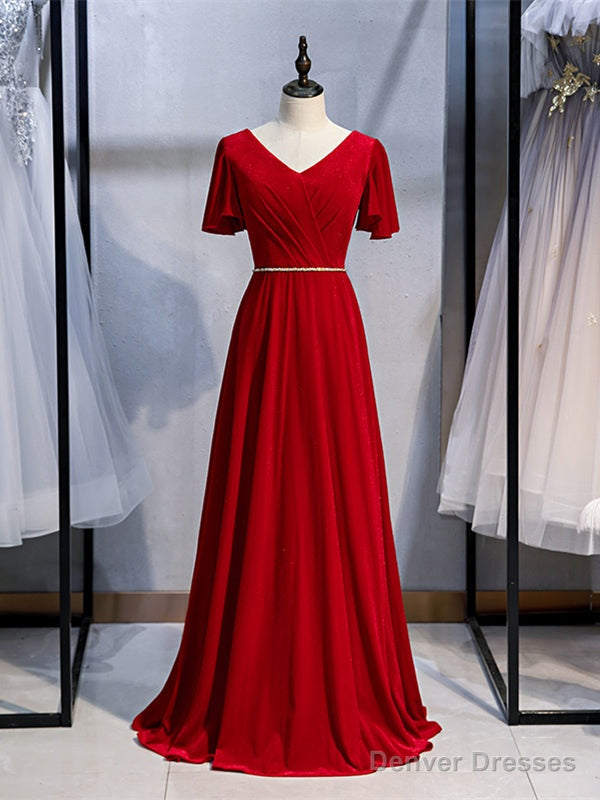 Shop Sexy V Neck Short Sleeves Beading Velvet Log Red Prom Dress Under 128 Main image