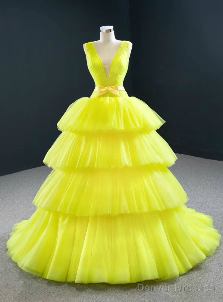 Shop Yellow Ball Gown Tulle Deep V-neck Pleats Prom Dress With Bow Main image
