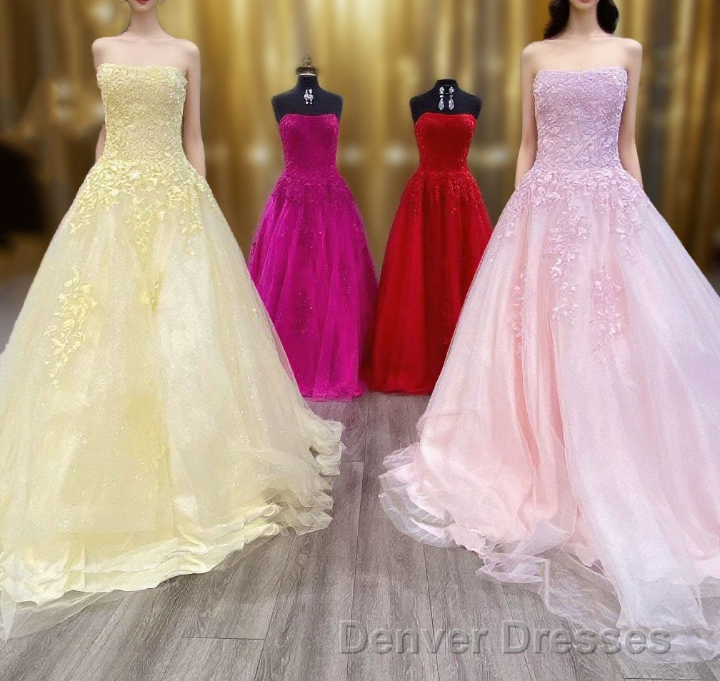 Wine Red Floral Lace Strapless A-Line Prom Dress