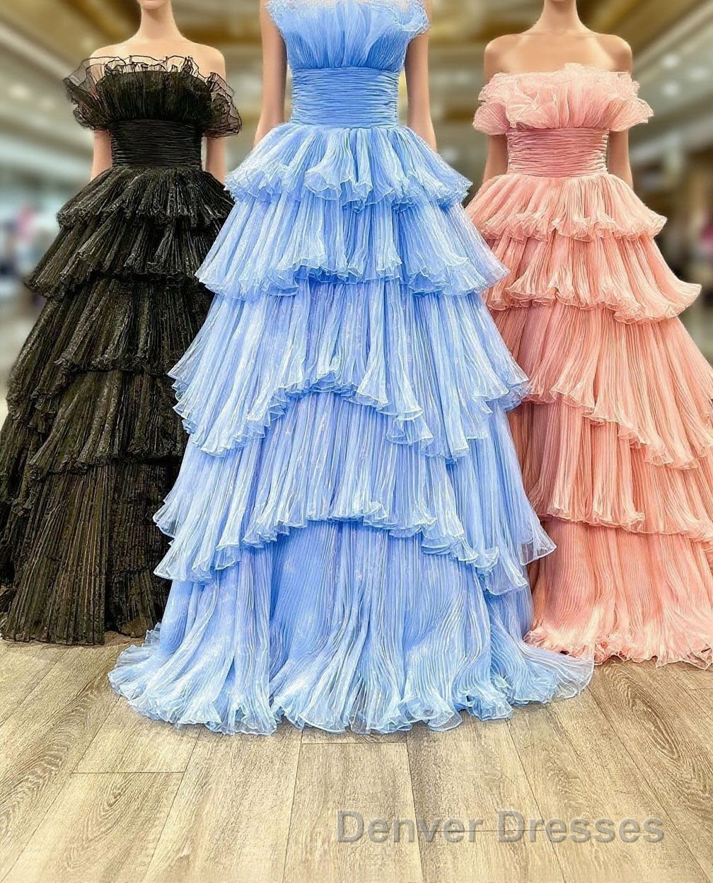 Candy Pink Tulle A-line Strapless Ruffles layers Long Prom Dress