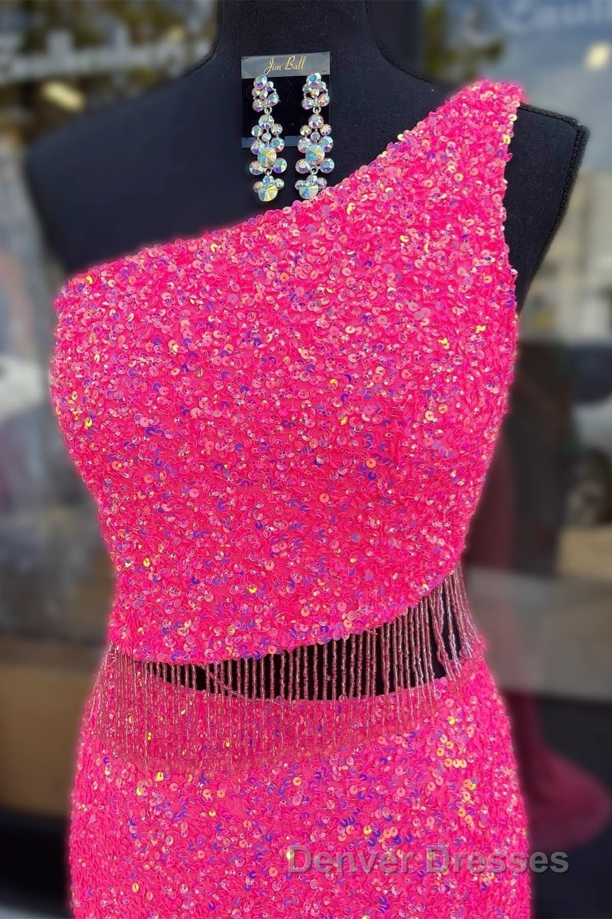 Fuchsia One Shoulder Sequins Tassels Cut-Out Long Prom Dress with Slit Secondary image