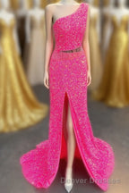 Fuchsia One Shoulder Sequins Tassels Cut-Out Long Prom Dress with Slit