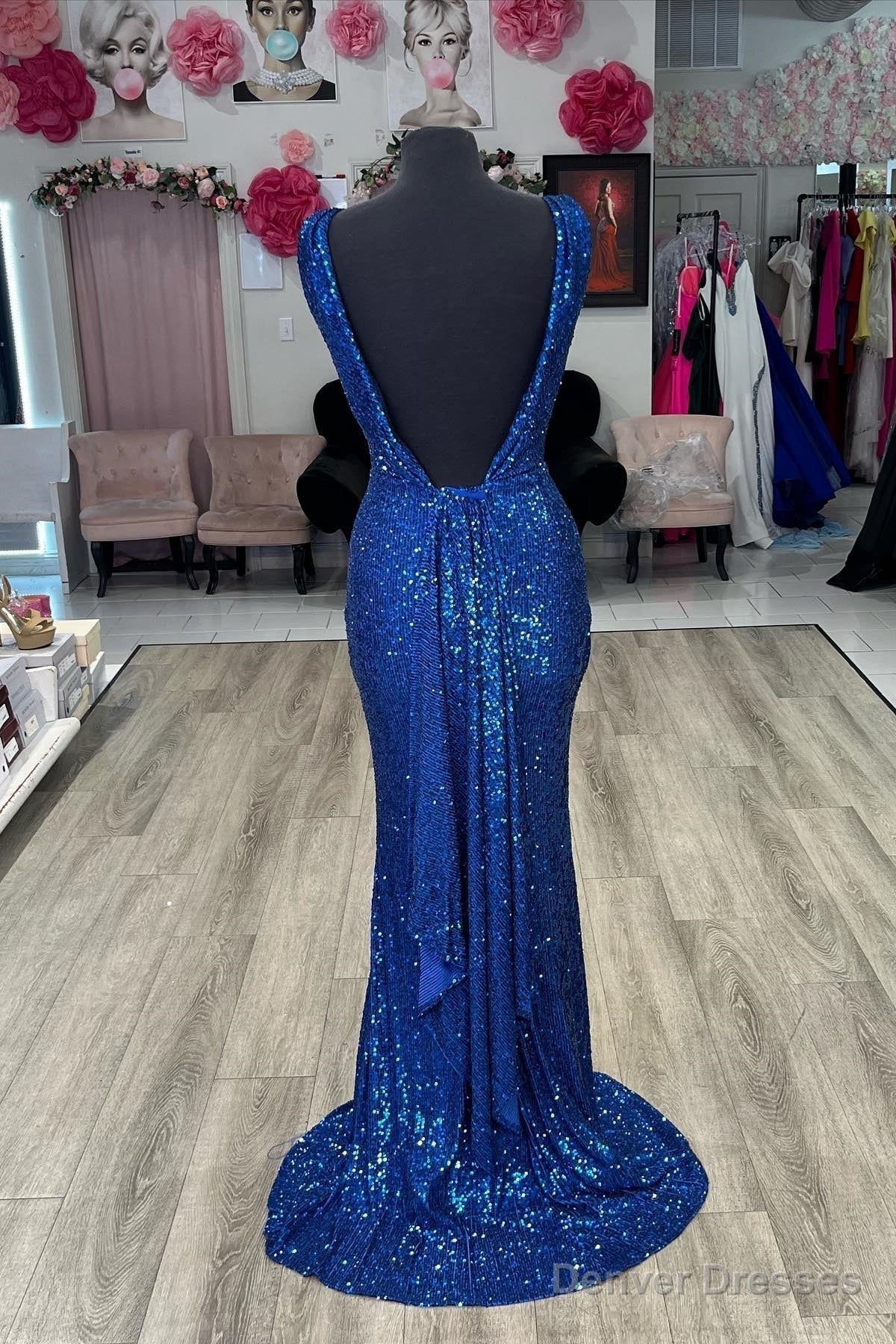 Royal Blue Plunging V Neck Sequins Mermaid Long Prom Dress Secondary image
