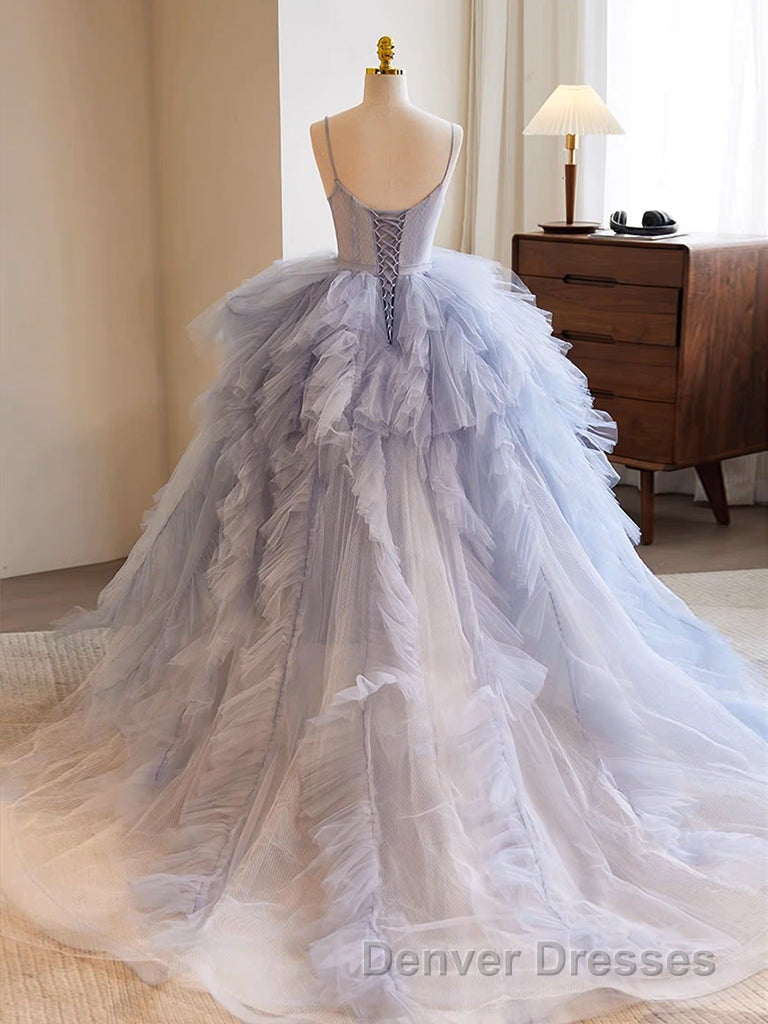 Blue Tulle Long Prom Gown, Blue Tulle Long Sweet 16 Dress Secondary image