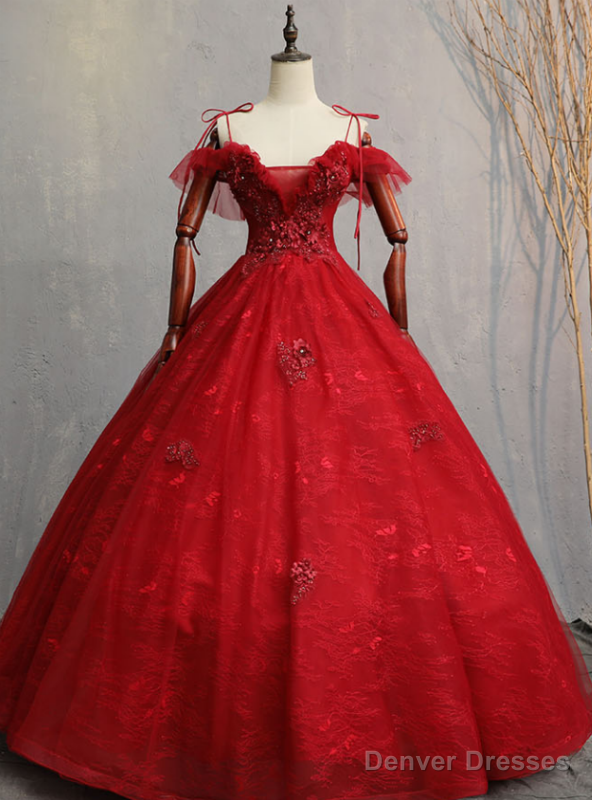 Shops Around The World Burgundy Ball Gown Tulle Lace Spagehtti Straps Appliques Quinceanera Dress Main image