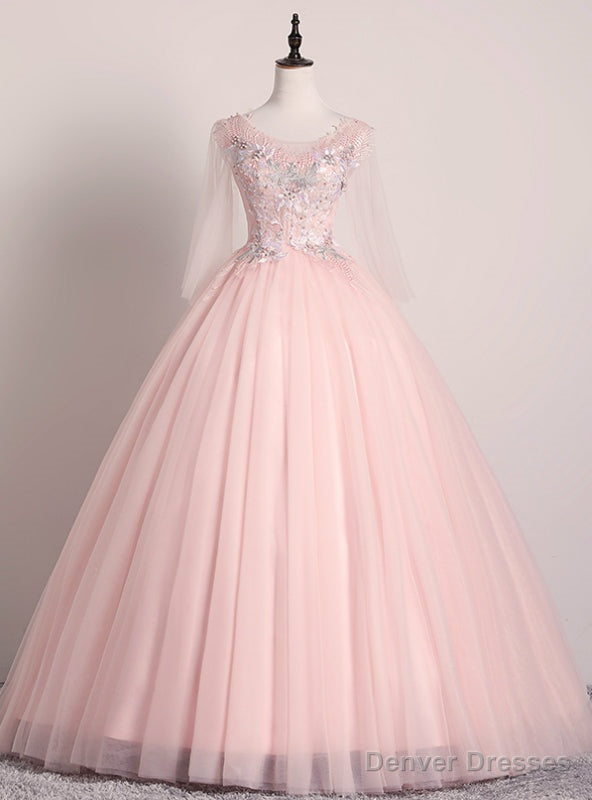 Shops Around The World Light Pink Ball Gown Tulle Long Sleeve Appliques Pearls Quinceanera Dress Main image
