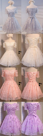Short A-Line Junior Cute Off Shoulder Full Lace Appliques Beads Sweetheart Lace Up Back Homecoming Dress