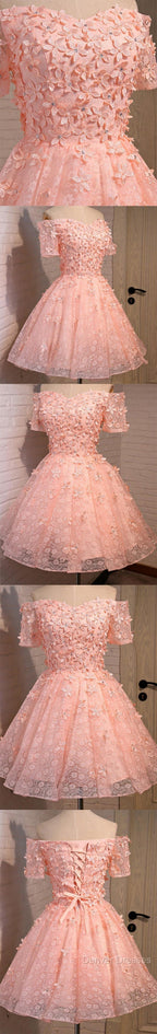 Short A-Line Junior Cute Off Shoulder Full Lace Appliques Beads Sweetheart Lace Up Back Homecoming Dress