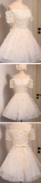 Short A-Line Junior Cute Off Shoulder Full Lace Appliques Beads Sweetheart Lace Up Back Homecoming Dress