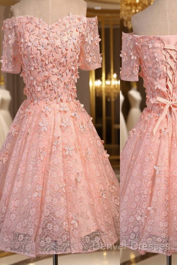 Short A-Line Junior Cute Off Shoulder Full Lace Appliques Beads Sweetheart Lace Up Back Homecoming Dress