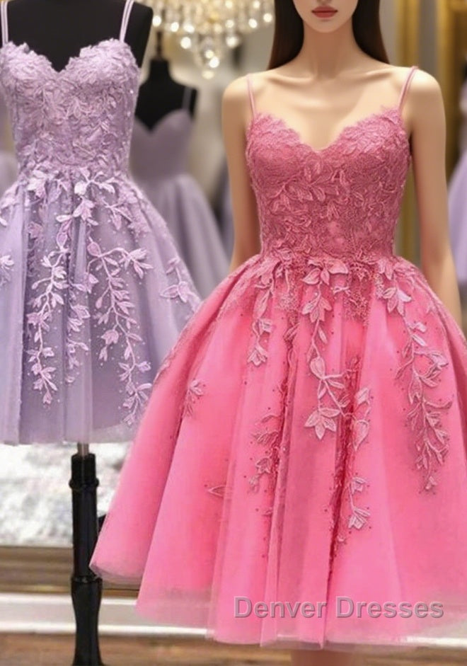 Short A Line Thin Straps Lace Prom Dress, Lace Homecoming Dress, Short Formal Evening Dress