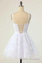 Short A-line V-neck Tulle Lace Backless Prom Dress white Homecoming Dress