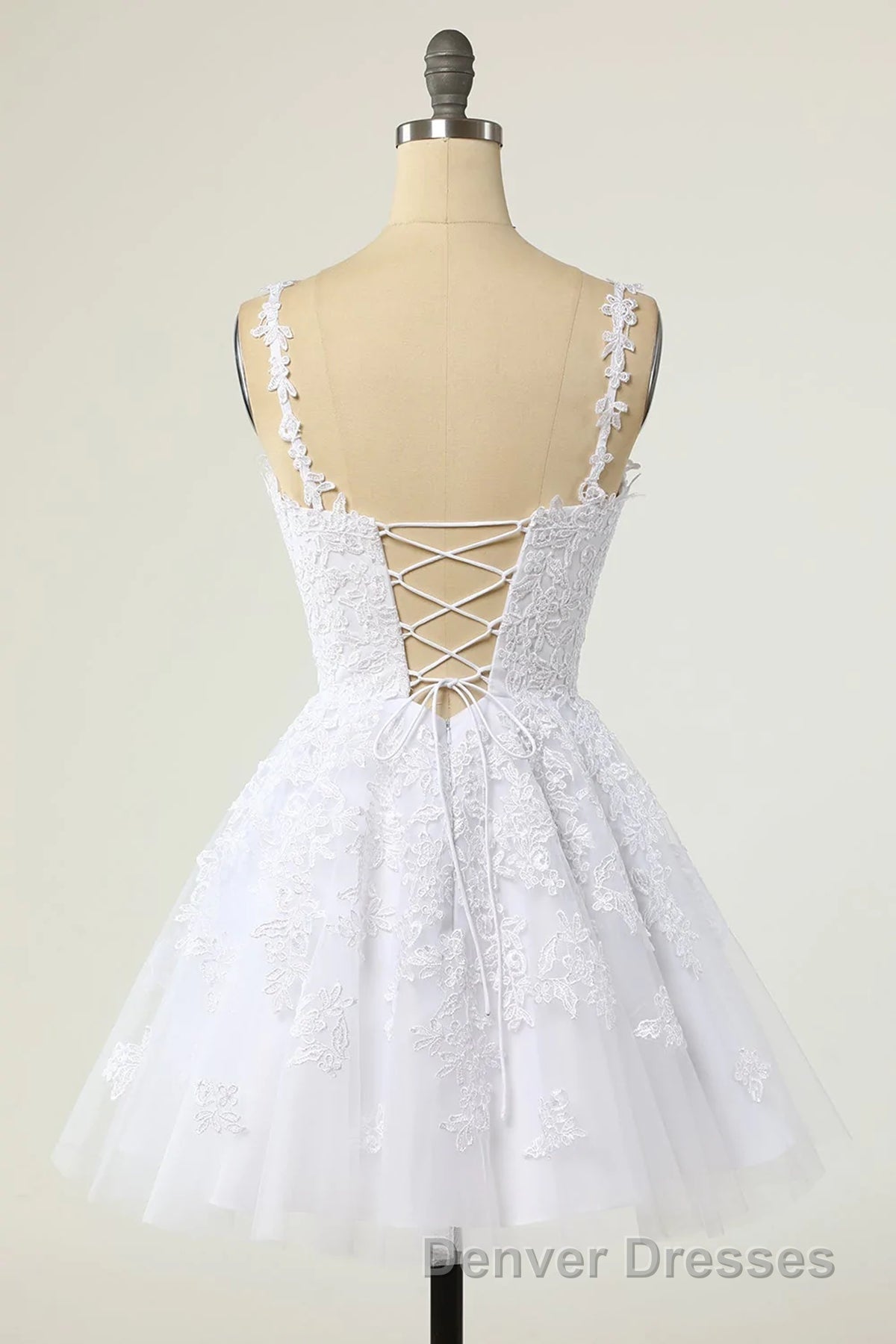 Short A-line V-neck Tulle Lace Backless Prom Dress white Homecoming Dress