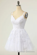 Short A-line V-neck Tulle Lace Backless Prom Dress white Homecoming Dress