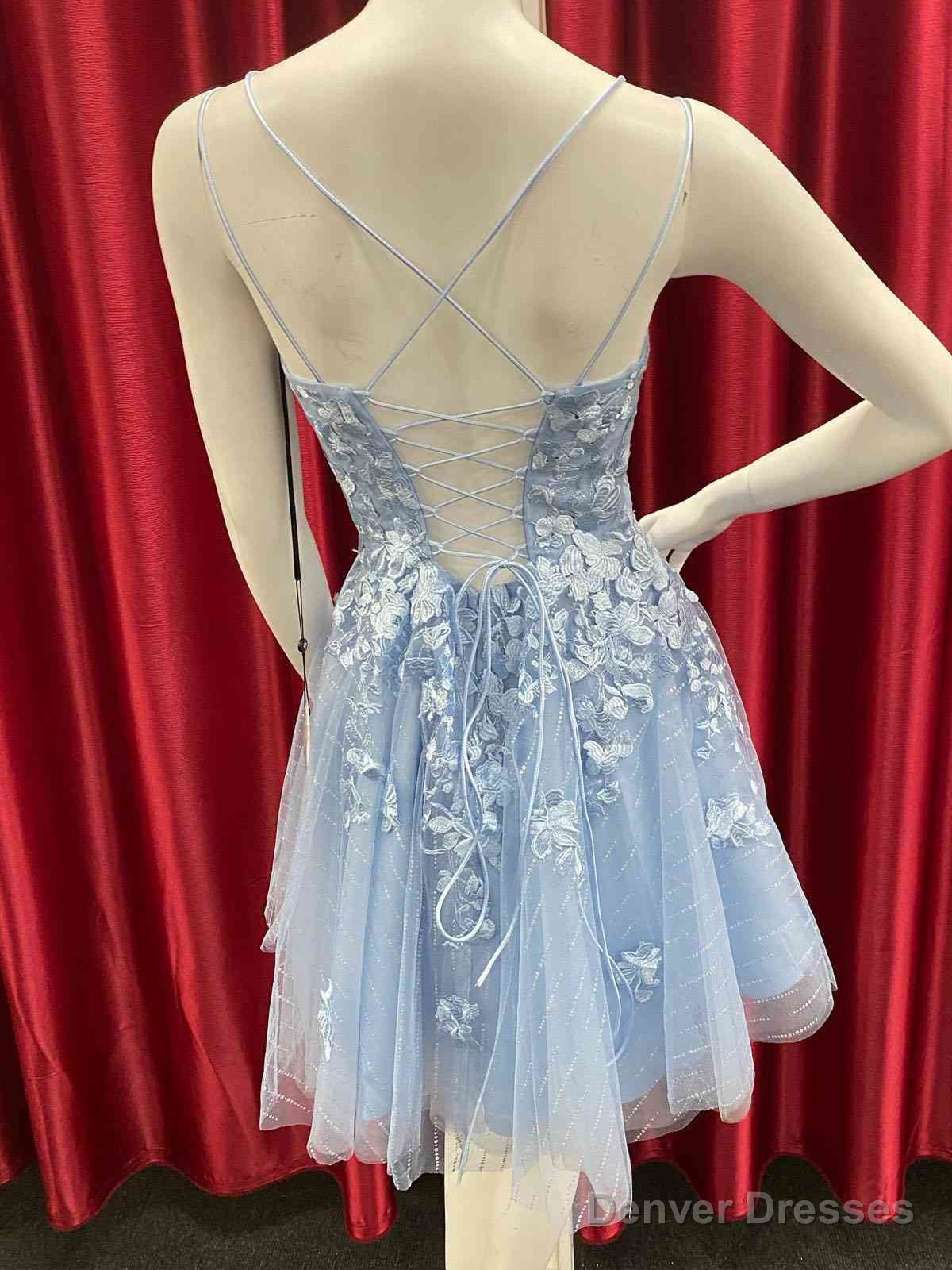 Short Backless Blue Lace Prom Dresses, Short Open Back Blue Lace Formal Homecoming Dresses Secondary image