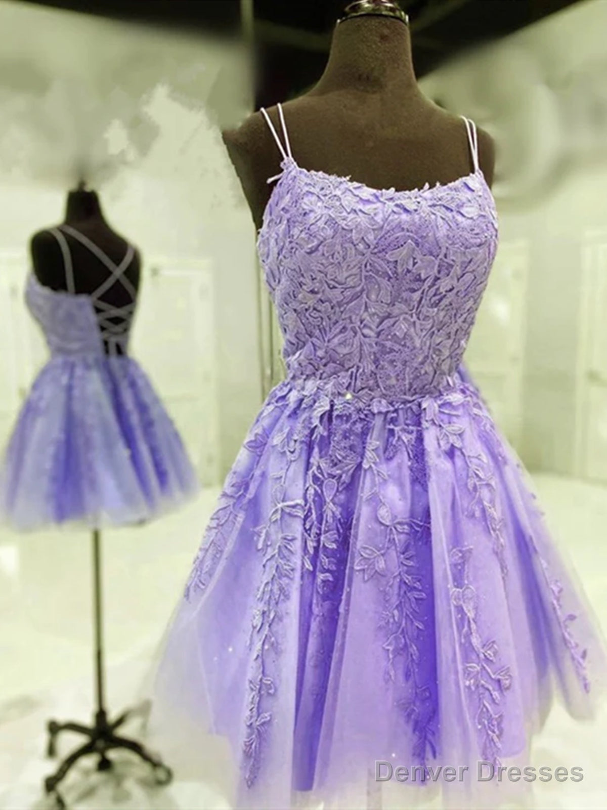 Short Backless Lace Prom Dresses, Short Backless Purple Lace Formal Homecoming Dresses Main image