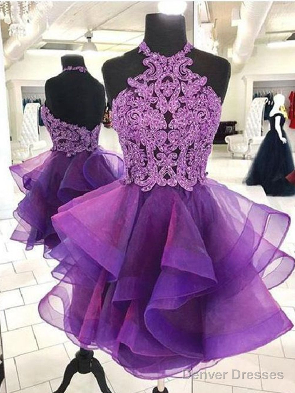 Short Backless Purple Organza Lace Prom Dresses, Short Purple Lace Formal Homecoming Dresses Main image