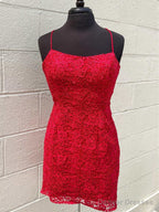 Short Backless Red Lace Prom Dresses, Open Back Short Red Lace Formal Homecoming Dresses