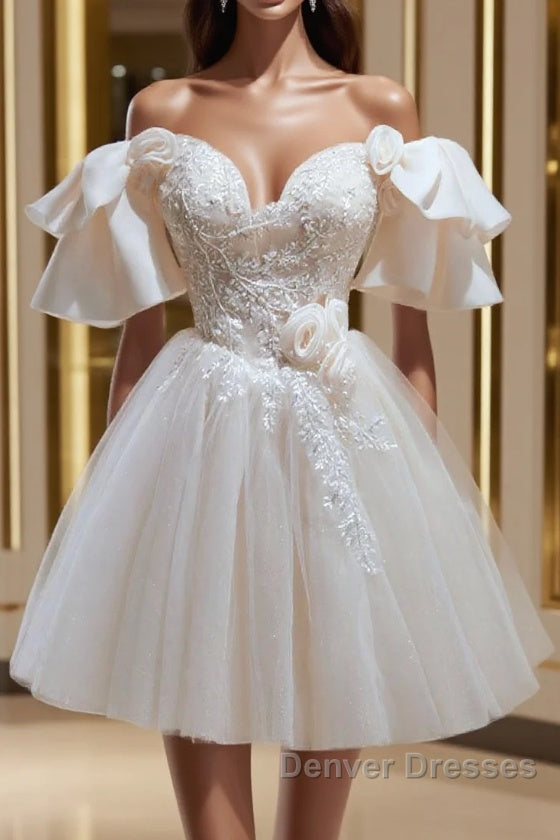 Short Beige Prom Dress, Beige Tulle Lace Homecoming Dress Main image