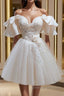 Short Beige Prom Dress, Beige Tulle Lace Homecoming Dress