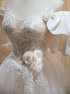 Short Beige Prom Dress, Beige Tulle Lace Homecoming Dress