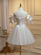 Short Beige Prom Dress, Beige Tulle Lace Homecoming Dress