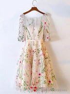 Short Beige Tulle Homecoming Dress With Embroidery