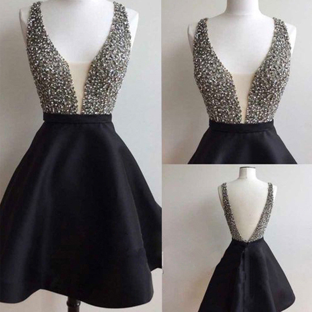 Short black mismatched open back sexy freshman homecoming prom dress