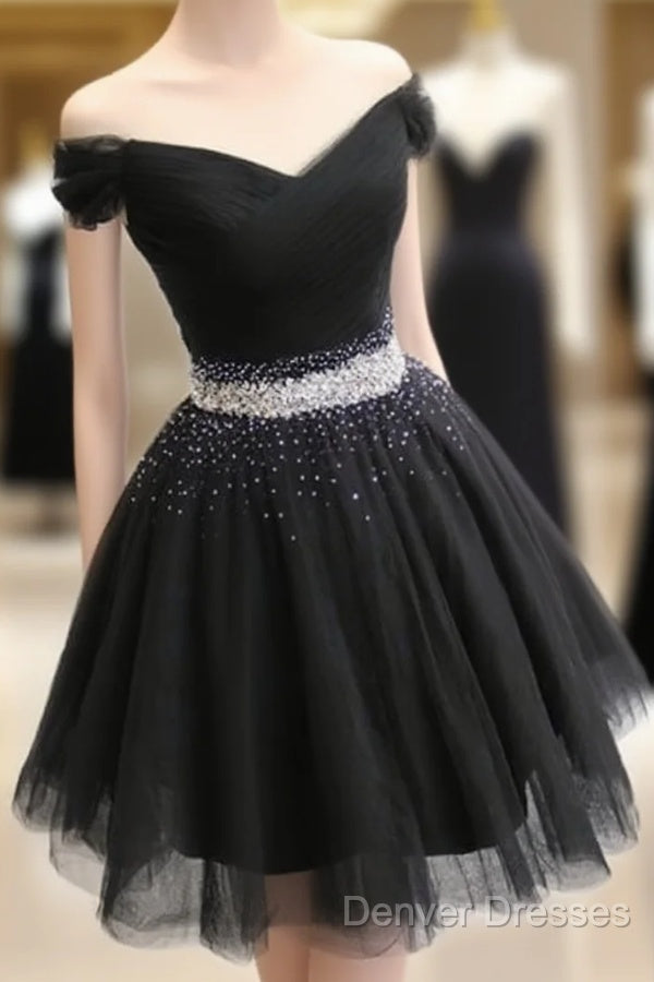 Short Black Tulle Off The Shoulder Dress Beaded Sashes Main image