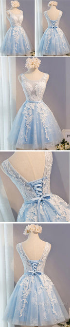 Short Blue Floral Prints Appliques Sleeveless Scoop Neckline Lace Up Back For Teen Lovely Homecoming Dress