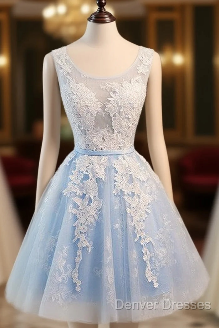 Short Blue Floral Prints Appliques Sleeveless Scoop Neckline Lace Up Back For Teen Lovely Homecoming Dress Main image