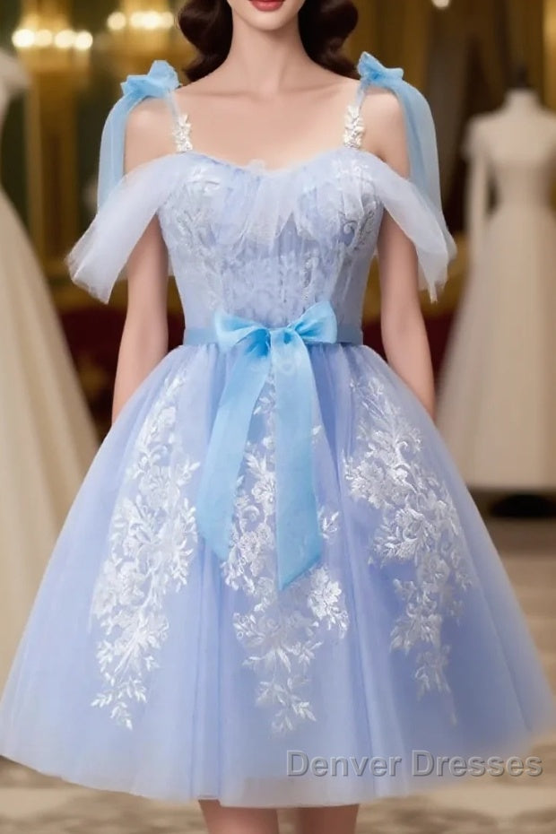 Short Blue Lace Prom Dress, Short Blue Lace Formal Graduation Dress