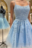 Short Blue Lace Prom Dressses, Short Blue Lace Formal Homecoming Dress