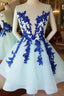 Short Blue Lace Tulle Prom Dress, Short Blue Lace Homecoming Graduation Dress