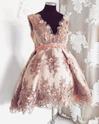 Short Blush Lace Flowers Embroidery V-Neck Cocktail Dress