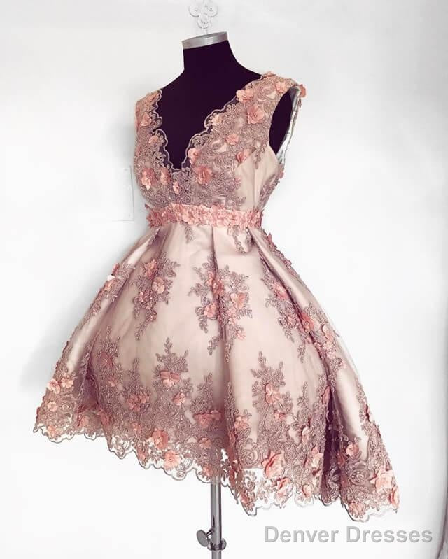 Short Blush Lace Flowers Embroidery V-Neck Cocktail Dress
