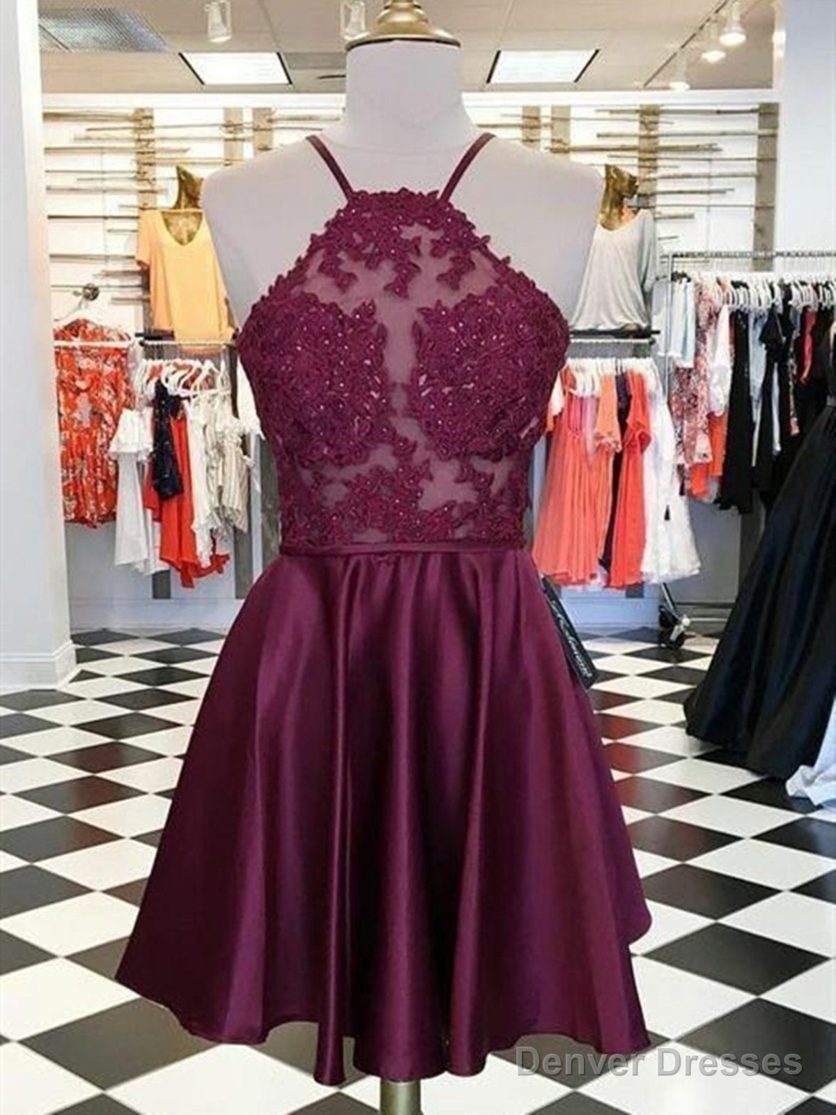 Short Burgundy Lace Prom Dresses, Burgundy Lace Formal Homecoming Graduation Dresses Main image