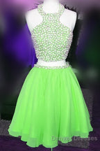 Short Candy Pink Homecoming Dress Pearl Beaded Halter