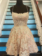 Short Champagne Backless Lace Prom Dresses, Short Lace Formal Graduation Homecoming Dresses