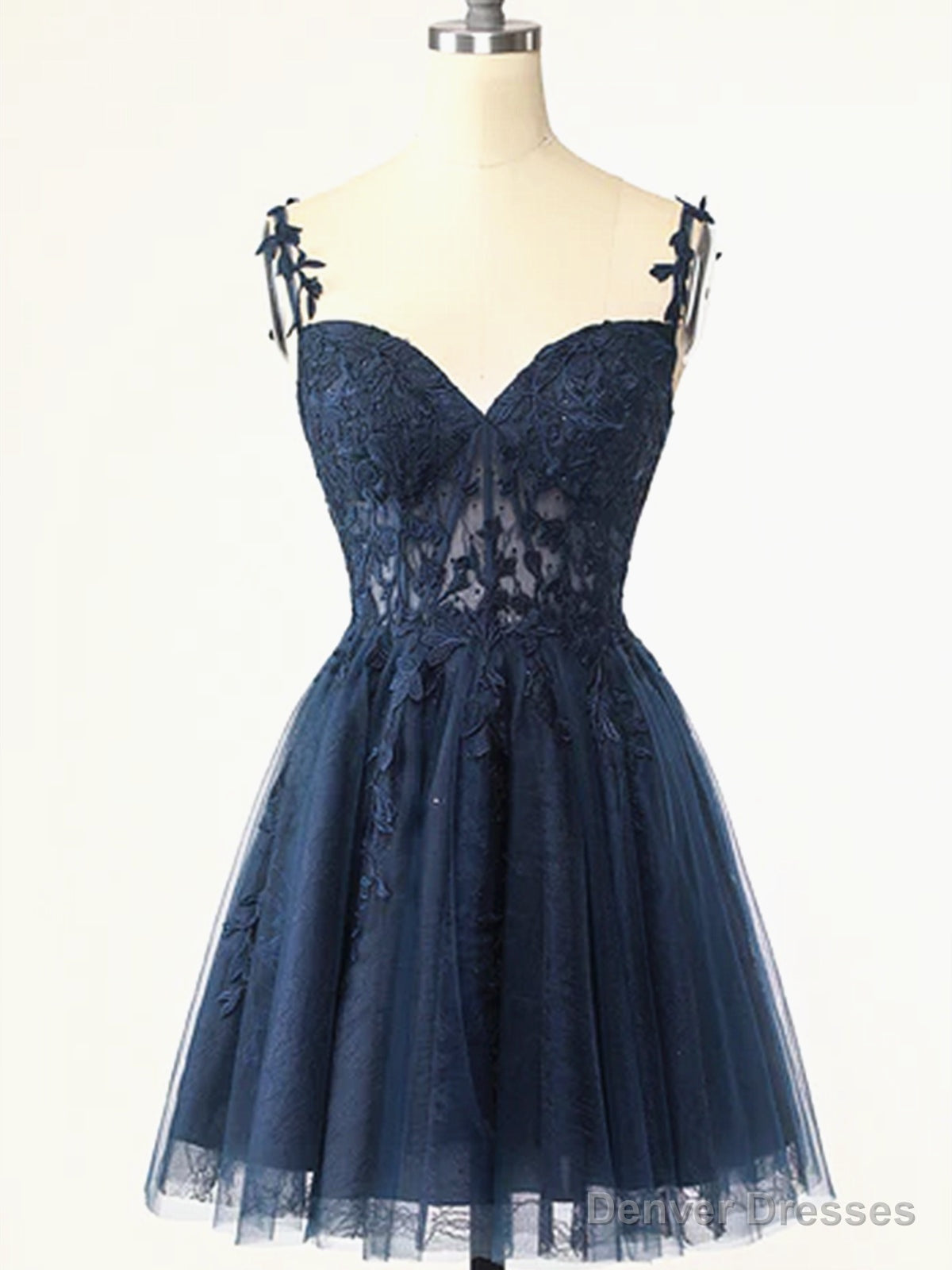 Short Dark Navy Blue Lace Prom Dresses, Dark Blue Lace Formal Homecoming Dress Main image