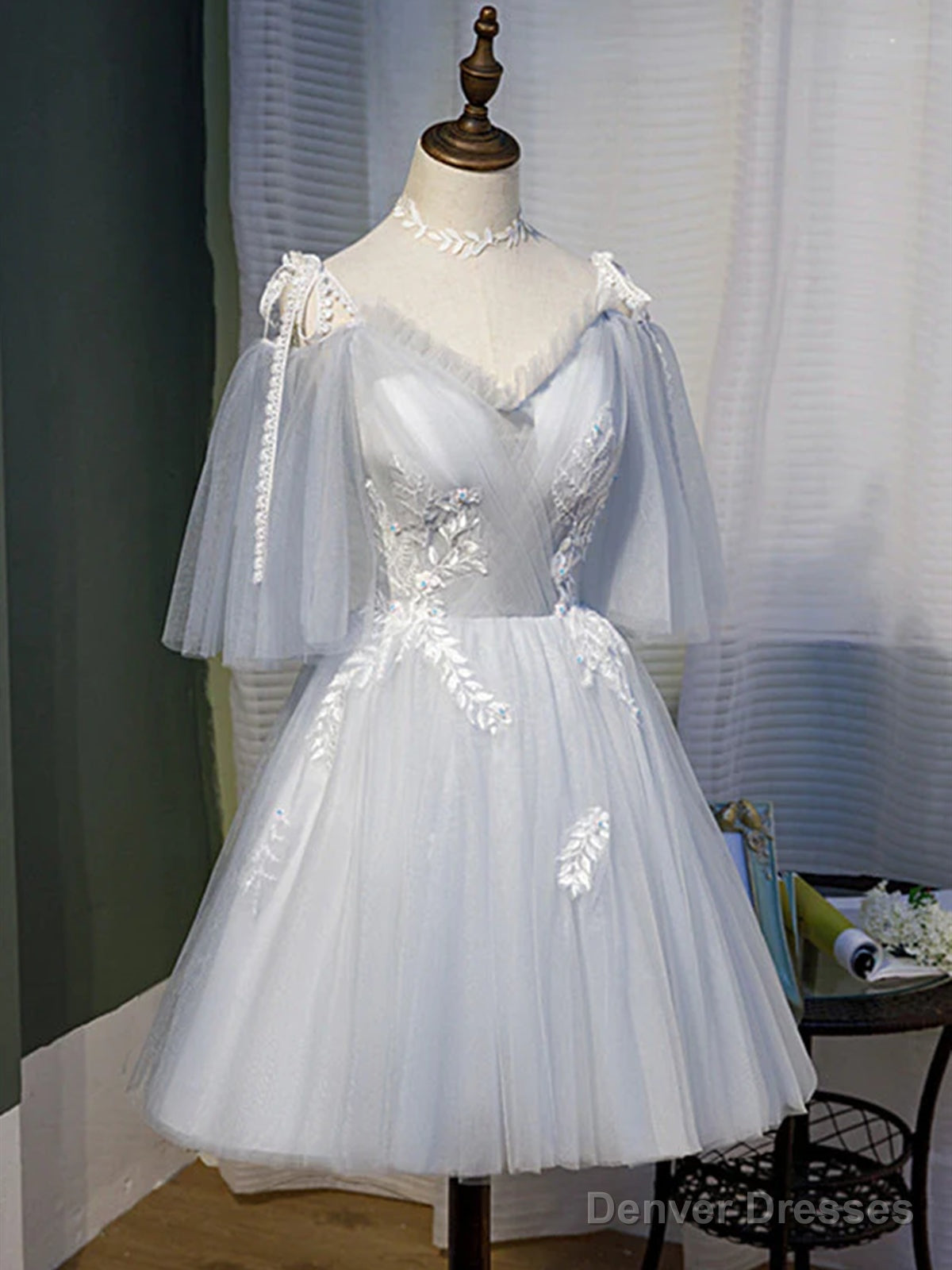 Short Gray Lace Prom Dresses, Short Gray Lace Formal Homecoming Dresses