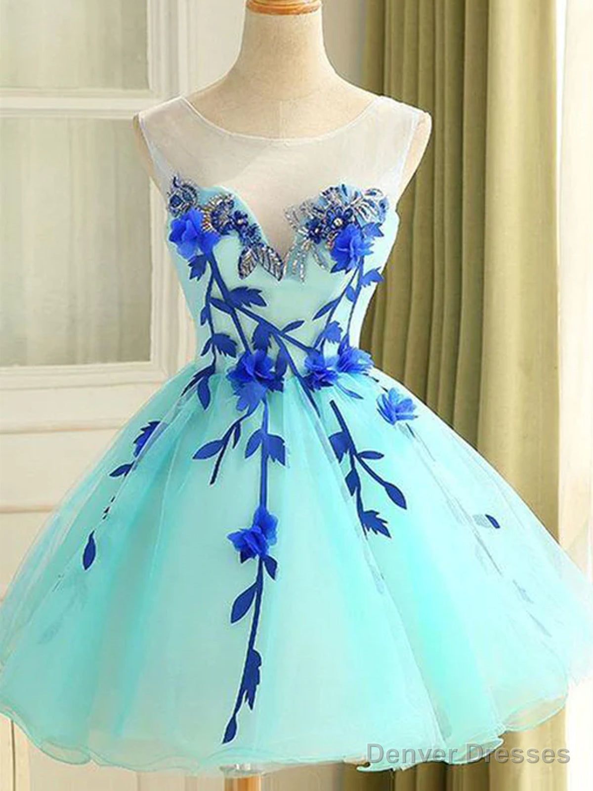 Short Green Floral Prom Dresses, Short Green Floral Graduation Homecoming Dresses Main image